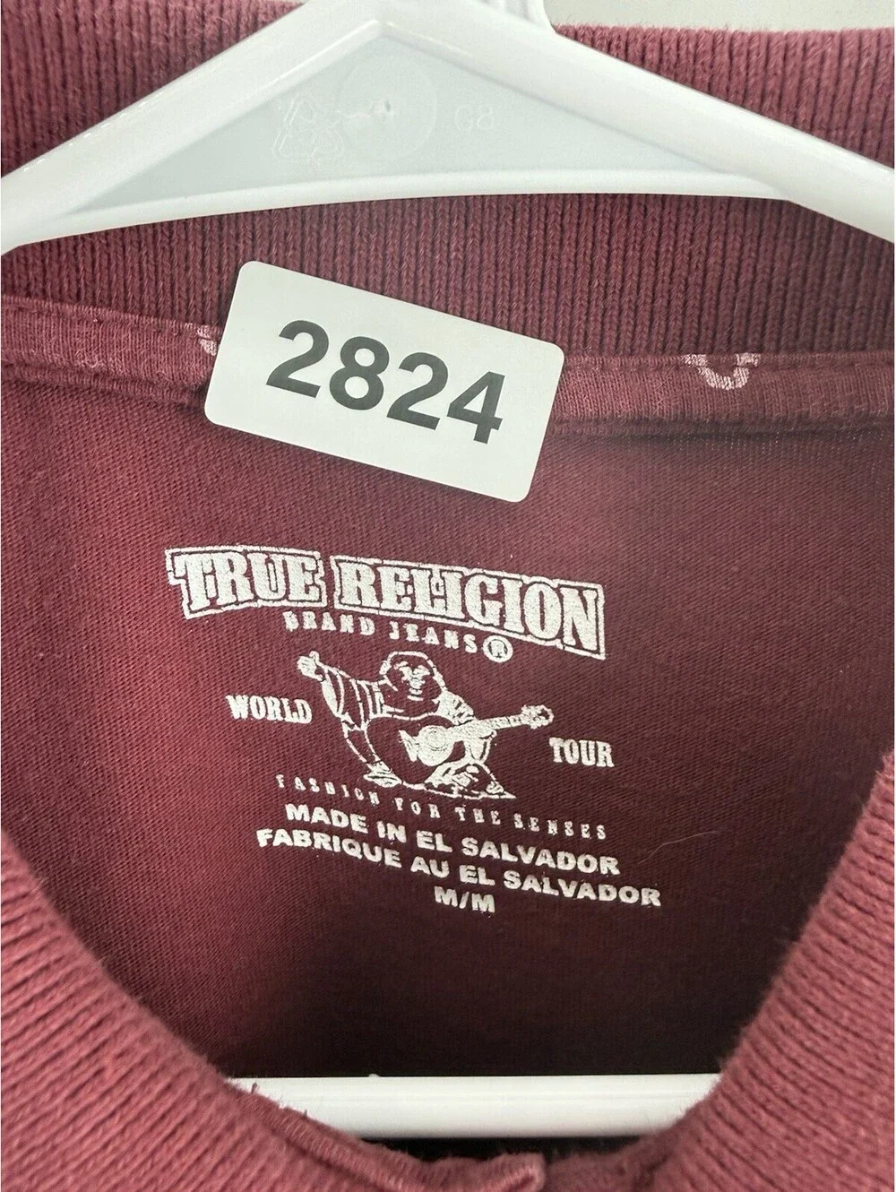 True Religion Men's Burgundy Polo Shirt Logo Micro Pattern Short Sleeve Medium